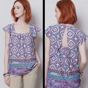 Anthro Meadow Rue Tile Print Flutter Sleeve Peekaboo Back Blouse Blue Pink 4